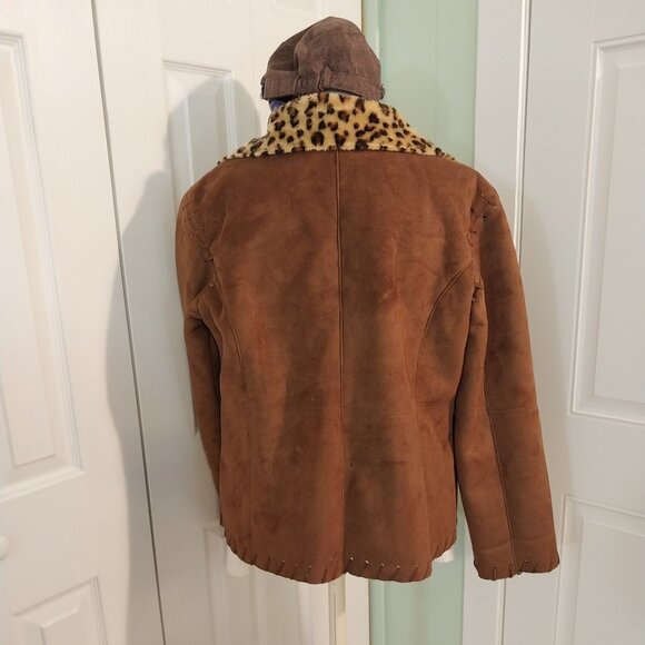 3550 Size M/Large Me chant Fun Fur Brown And Gold Animal Print Jacket. - Picture 5 of 7